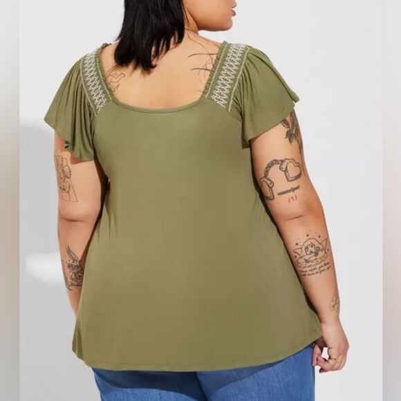 Torrid Olive Super Soft Smocked Flutter Sleeve Top, Size 4X - Picture 2 of 7